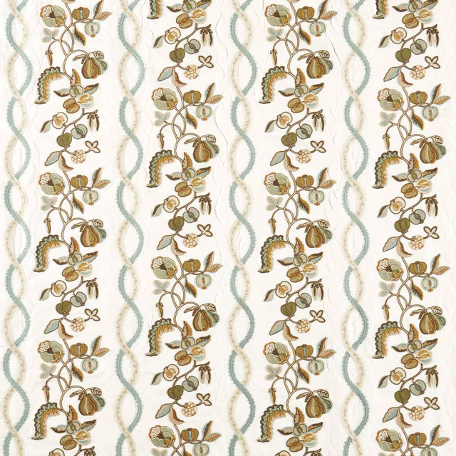 Embroidery fabric with pear-green floral columns and pale wavy borders on ivory