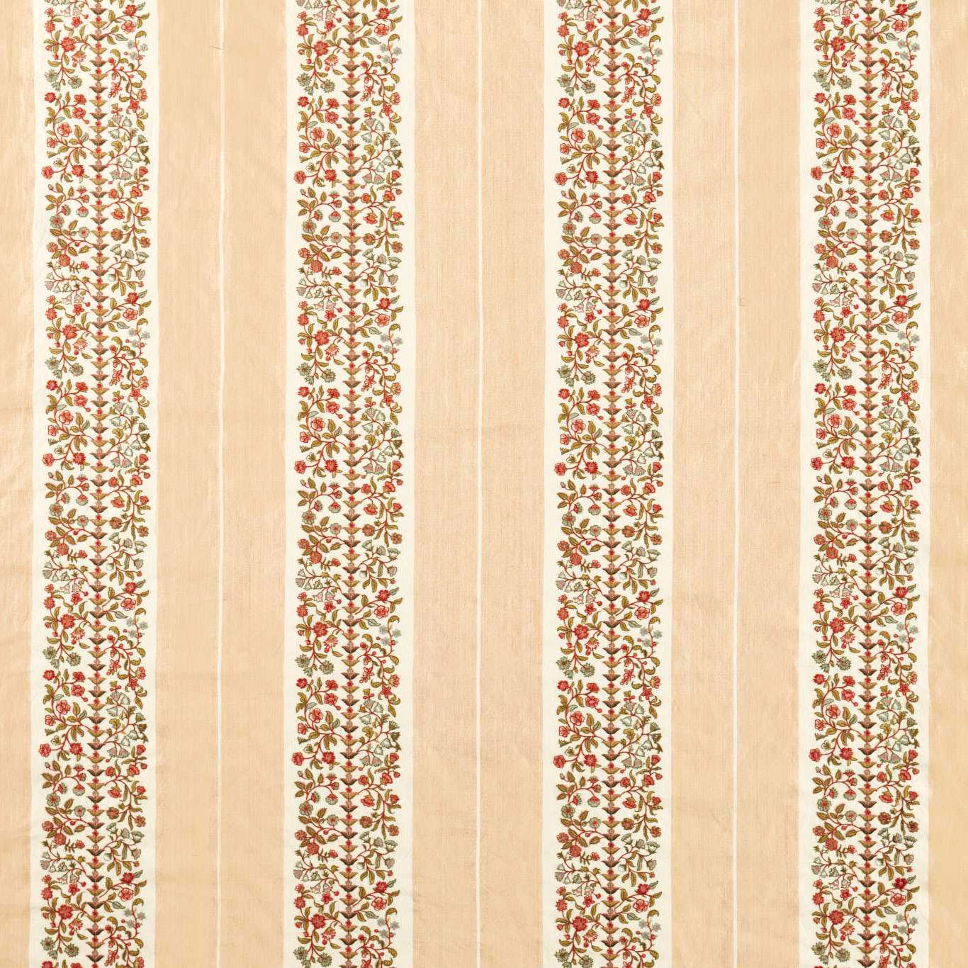 Cream striped fabric swatch with narrow floral vine embroidery in green, blush and coral