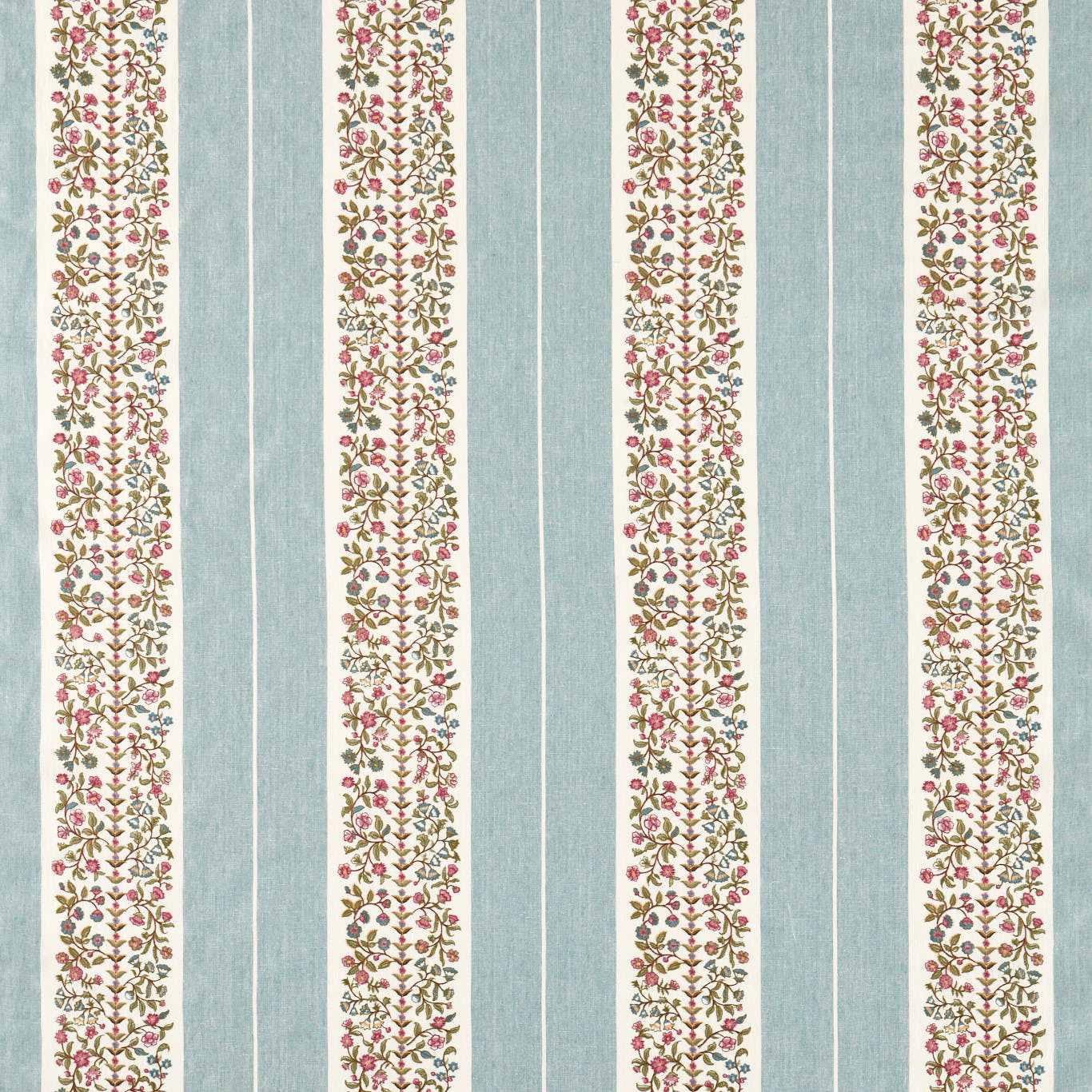 Pale mineral blue striped fabric with narrow floral embroidery-style bands