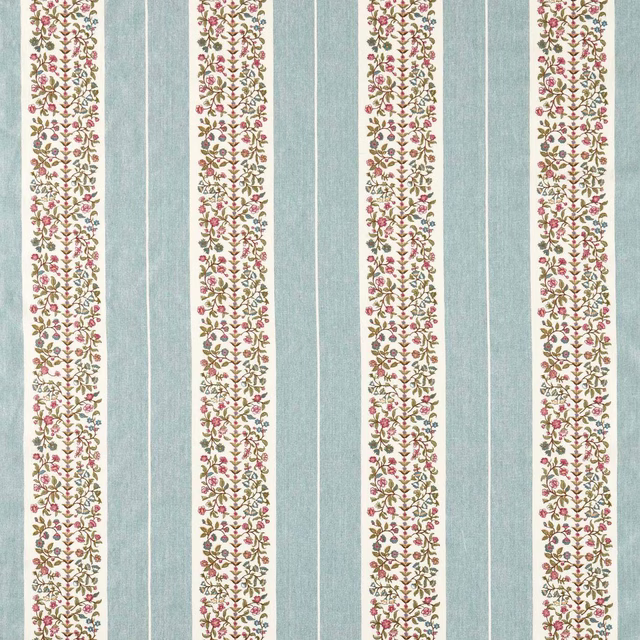 Pale mineral blue striped fabric with narrow floral embroidery-style bands