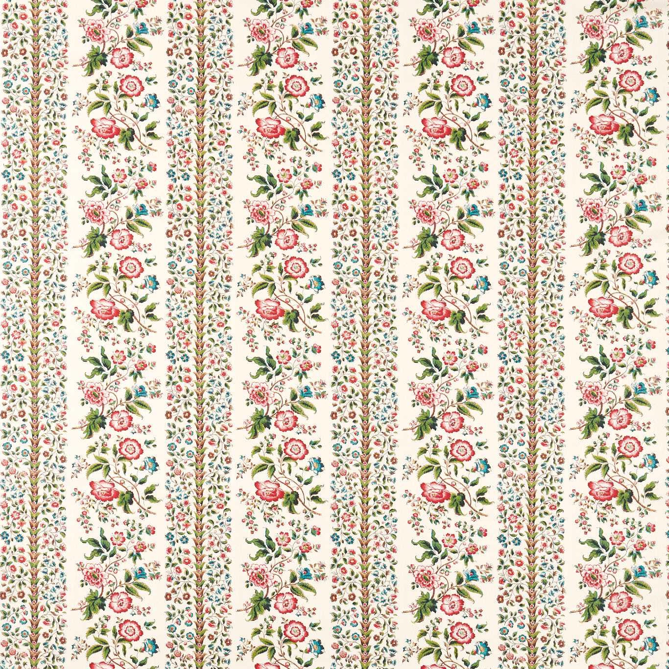 Cream floral striped fabric with pink roses, green leaves and blue accents
