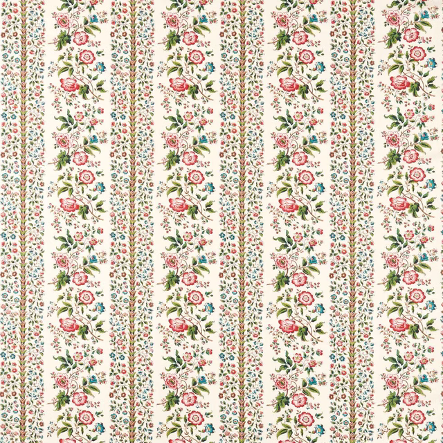Cream floral striped fabric with pink roses, green leaves and blue accents