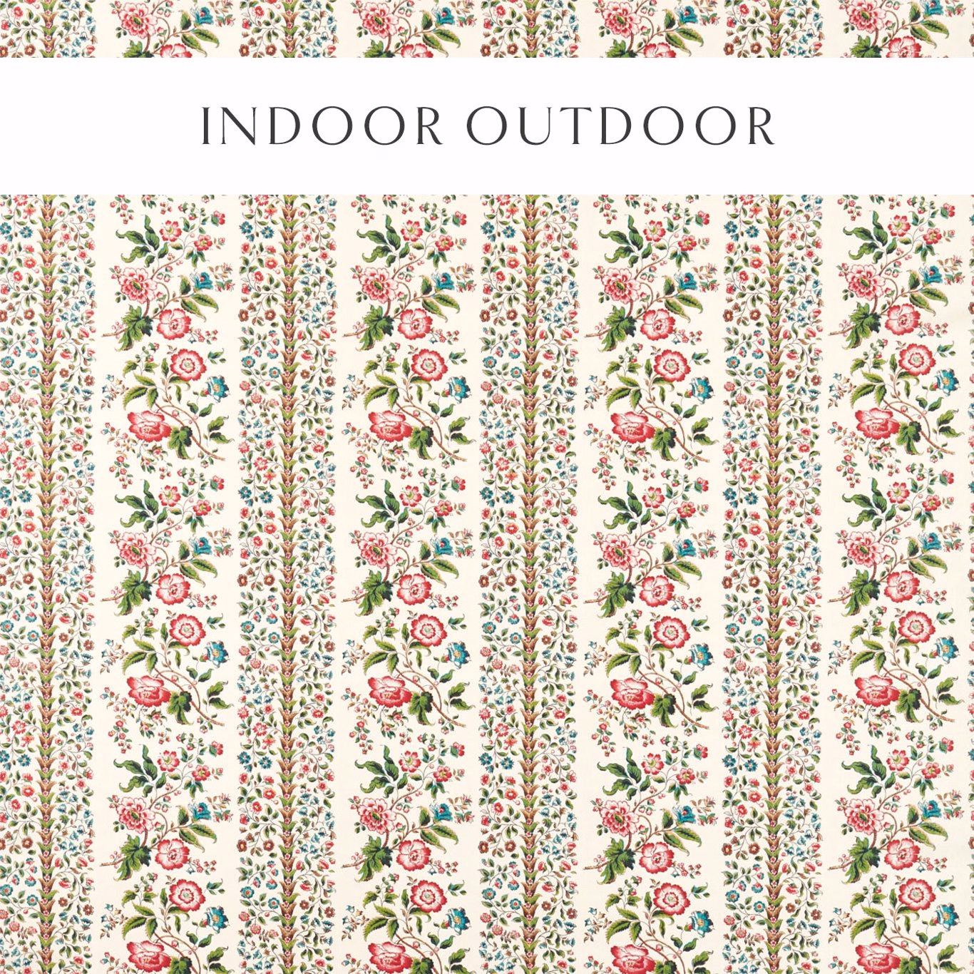 Cream floral striped outdoor chintz with pink roses, green leaves and blue accents