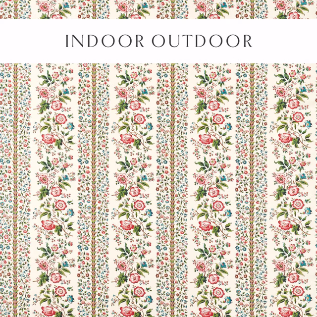 Cream floral striped outdoor chintz with pink roses, green leaves and blue accents