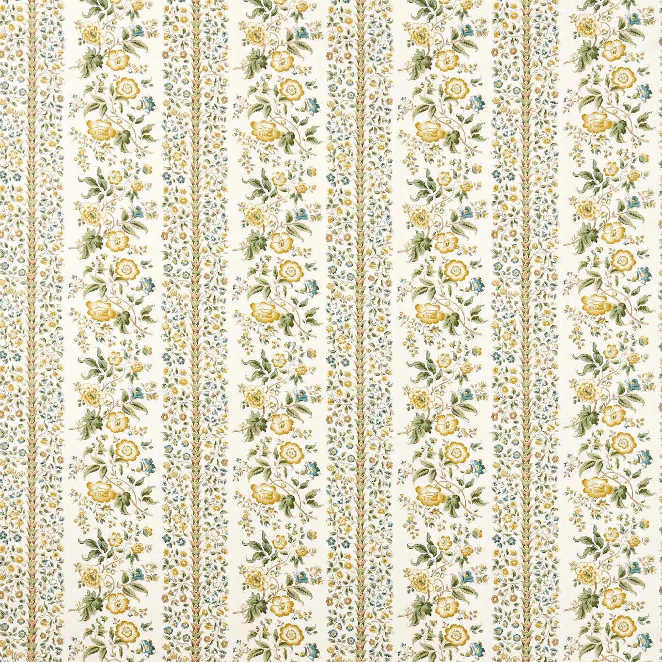 Parchment cream striped floral fabric with yellow blooms and sage leaves