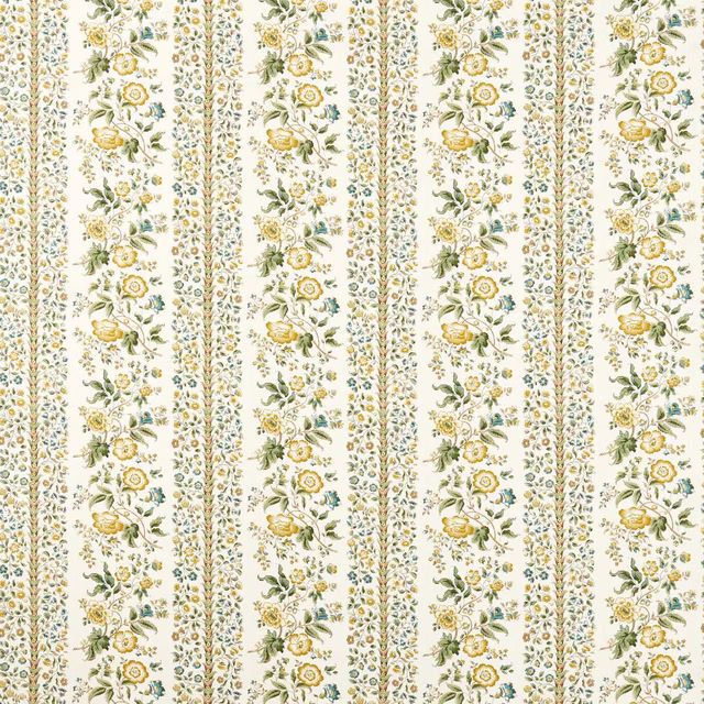 Parchment cream striped floral fabric with yellow blooms and sage leaves