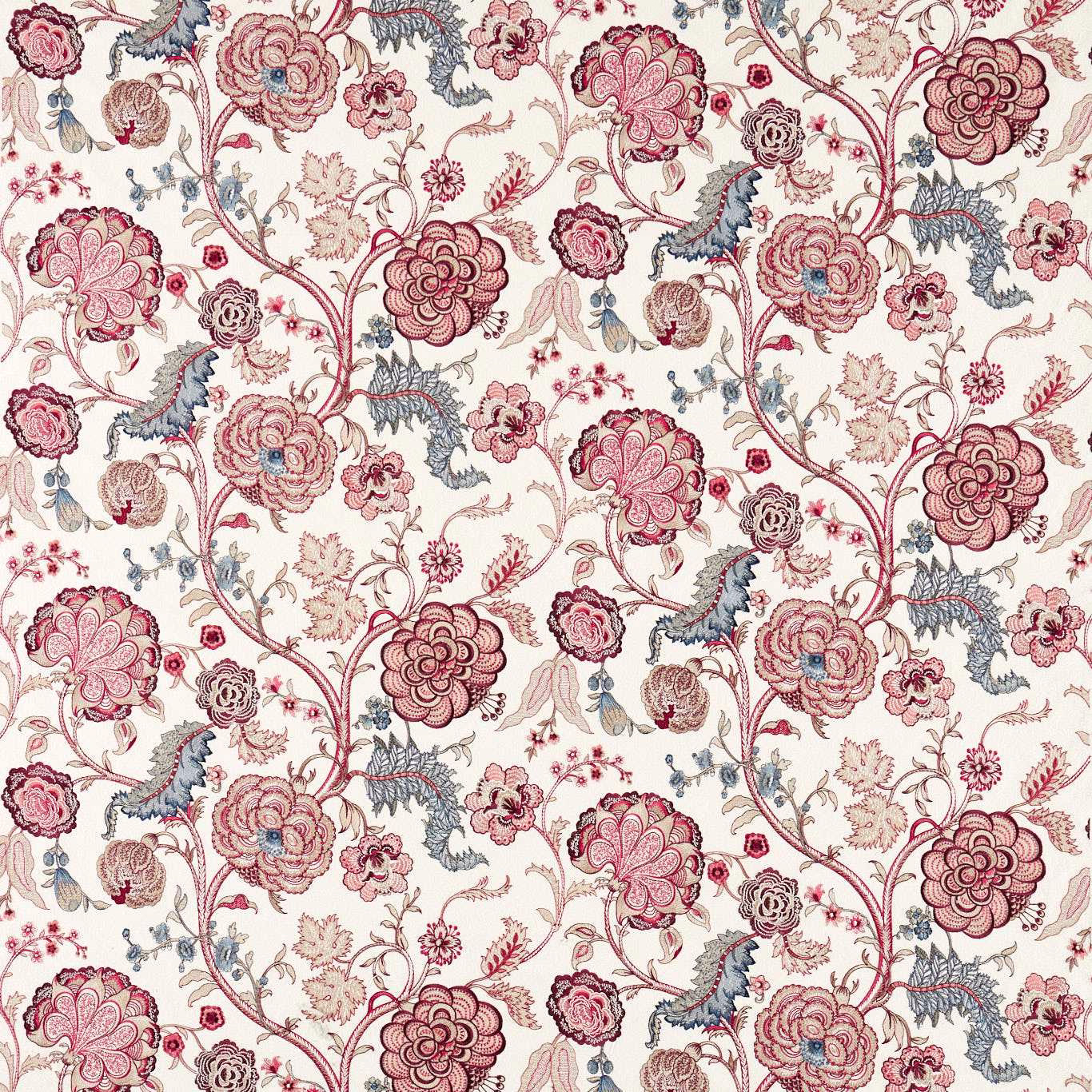 Ivory fabric swatch with crimson embroidered floral vines and blossoms