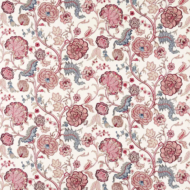 Ivory fabric swatch with crimson embroidered floral vines and blossoms