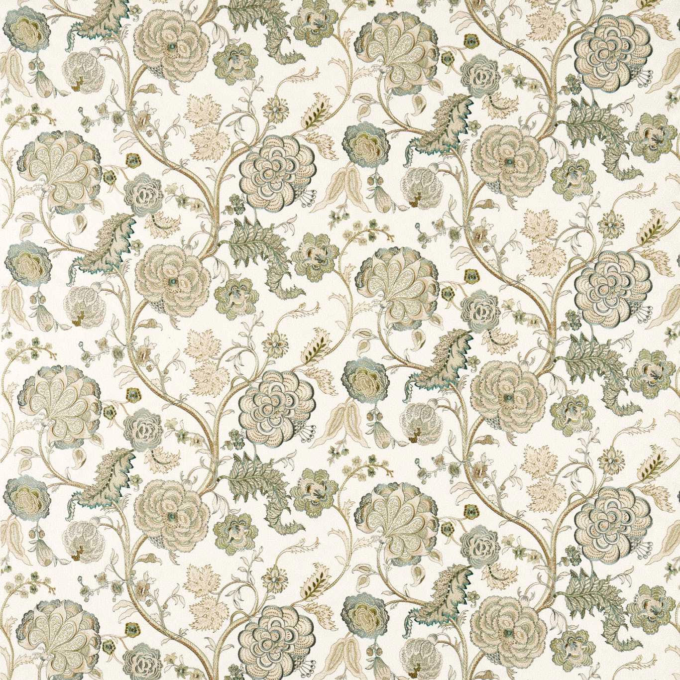 Ivory fabric swatch with trailing floral embroidery in soft sage and olive green