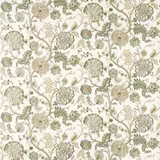 Ivory fabric swatch with trailing floral embroidery in soft sage and olive green