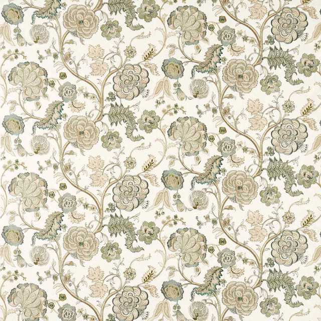 Ivory fabric swatch with trailing floral embroidery in soft sage and olive green