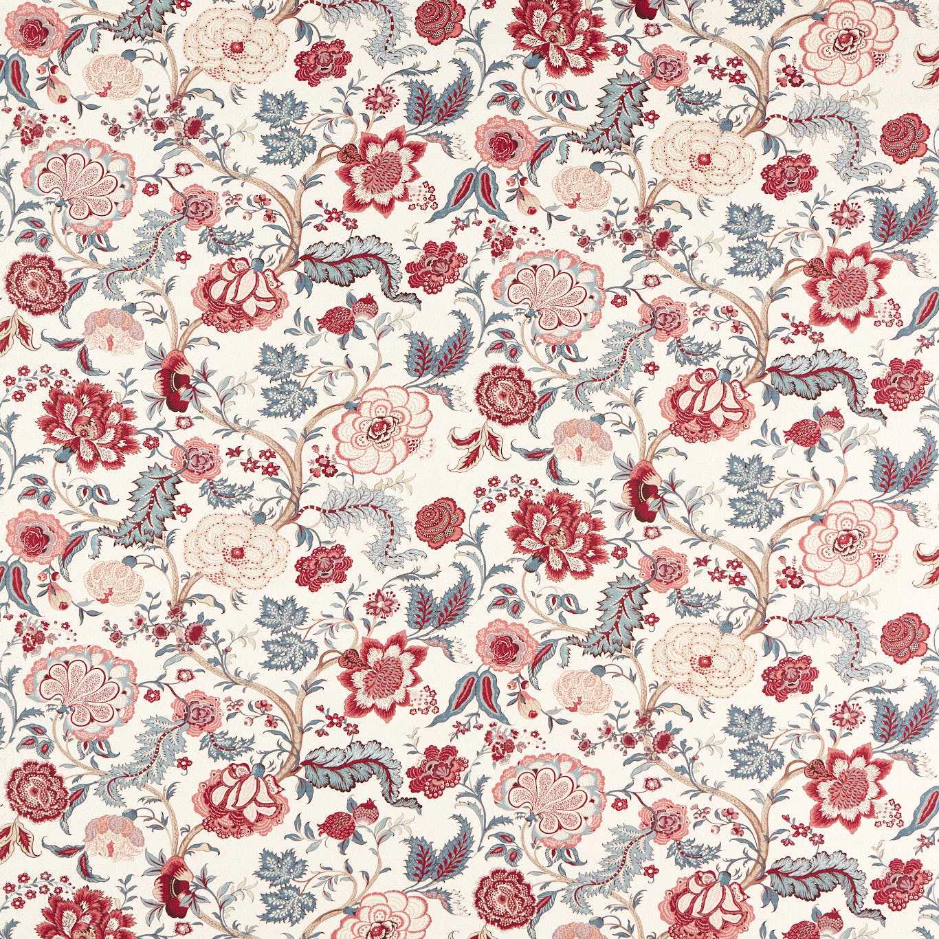 Cream ground floral fabric with madder rose blooms and blue-grey foliage