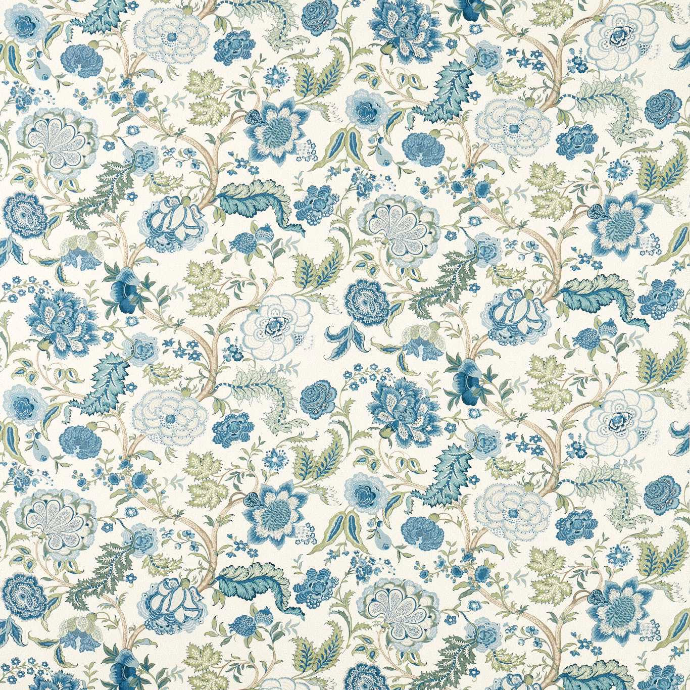 Blue and sage Jacobean floral fabric on a cream ground with large repeating blooms
