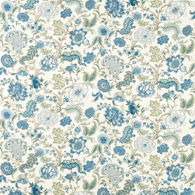 Blue and sage Jacobean floral fabric on a cream ground with large repeating blooms