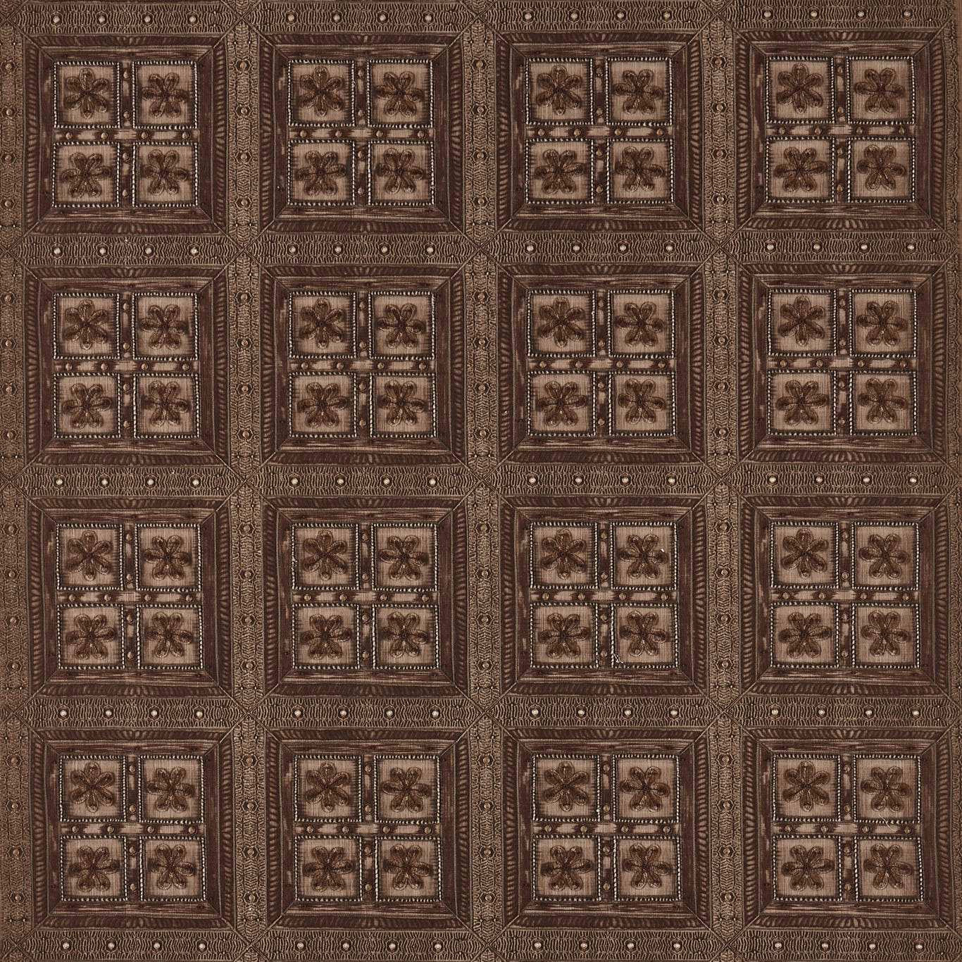 Brown geometric fabric swatch with repeating square motif and woven texture