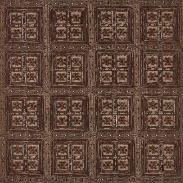 Brown geometric fabric swatch with repeating square motif and woven texture