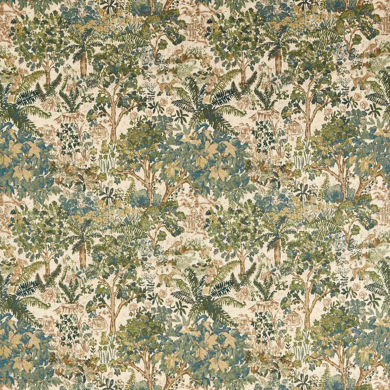 Woodland tapestry fabric with fern and tree motif in sage, teal and cream