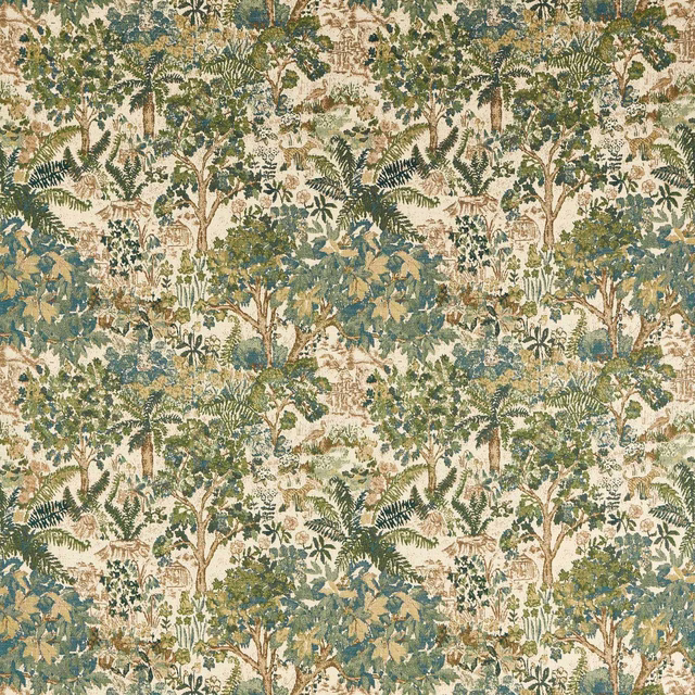 Woodland tapestry fabric with fern and tree motif in sage, teal and cream