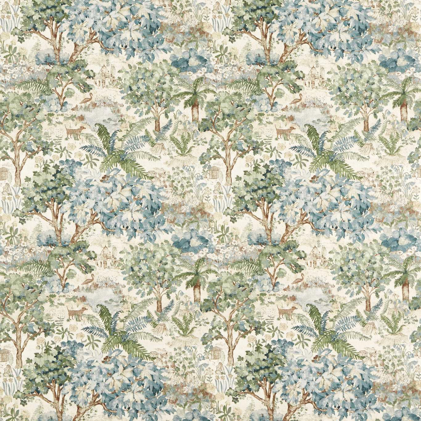 Painterly woodland fabric with soft blue-green trees, ferns and cream ground