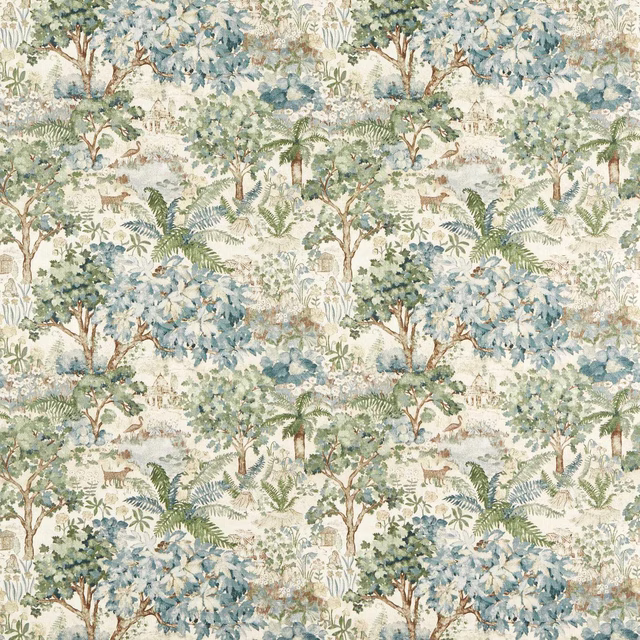 Painterly woodland fabric with soft blue-green trees, ferns and cream ground