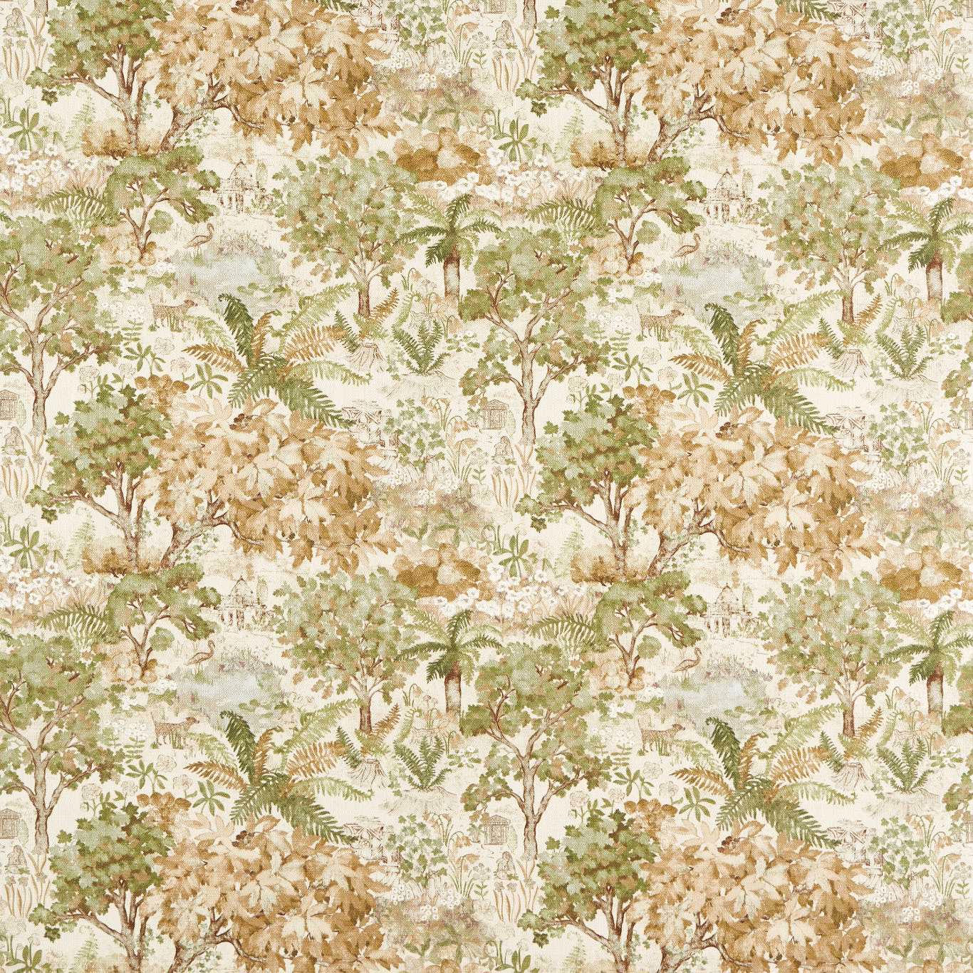 Botanical fabric with soft lichen-green trees, ferns and warm beige ground