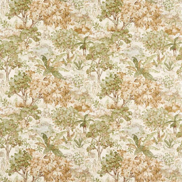 Botanical fabric with soft lichen-green trees, ferns and warm beige ground