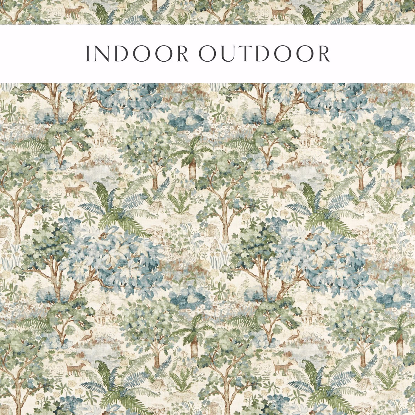 Painterly woodland fabric with soft fern green trees and pale blue foliage