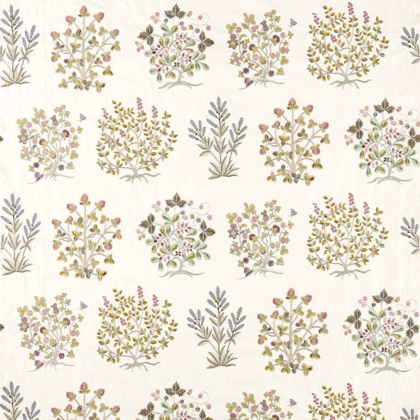 Cream fabric swatch with scattered embroidered-style botanical sprigs in damson, quince and sage