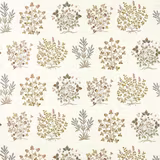 Cream fabric swatch with scattered embroidered-style botanical sprigs in damson, quince and sage