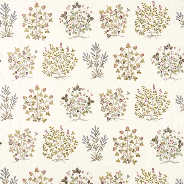 Cream fabric swatch with scattered embroidered-style botanical sprigs in damson, quince and sage