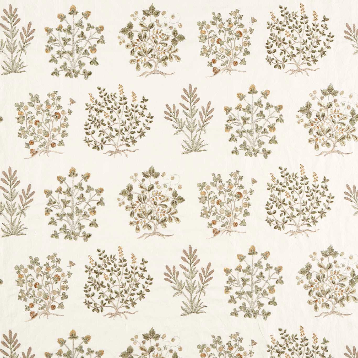 Cream fabric swatch with repeating sage and gooseberry botanical motifs
