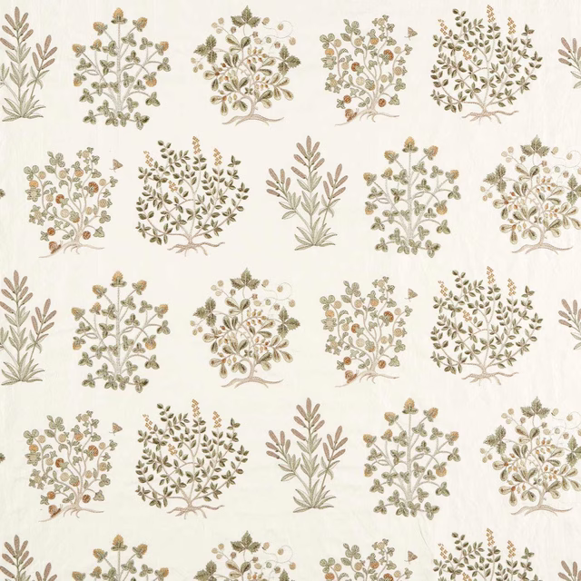Cream fabric swatch with repeating sage and gooseberry botanical motifs
