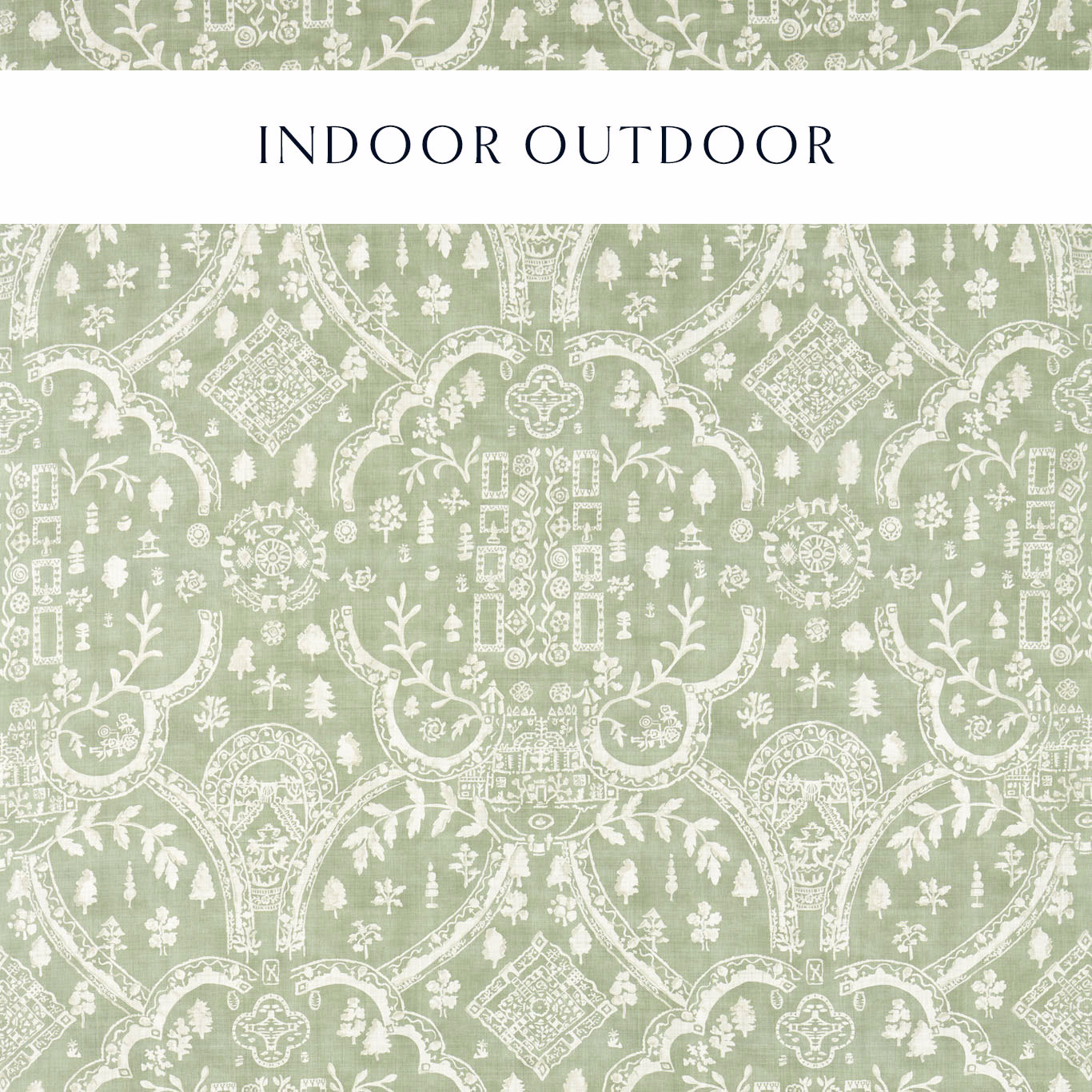 Thyme green outdoor fabric swatch with white damask-style motifs and fine woven texture