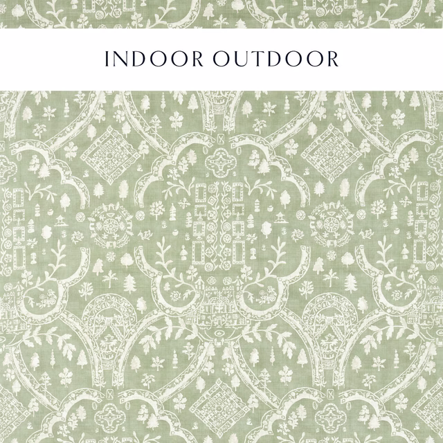 Thyme green outdoor fabric swatch with white damask-style motifs and fine woven texture