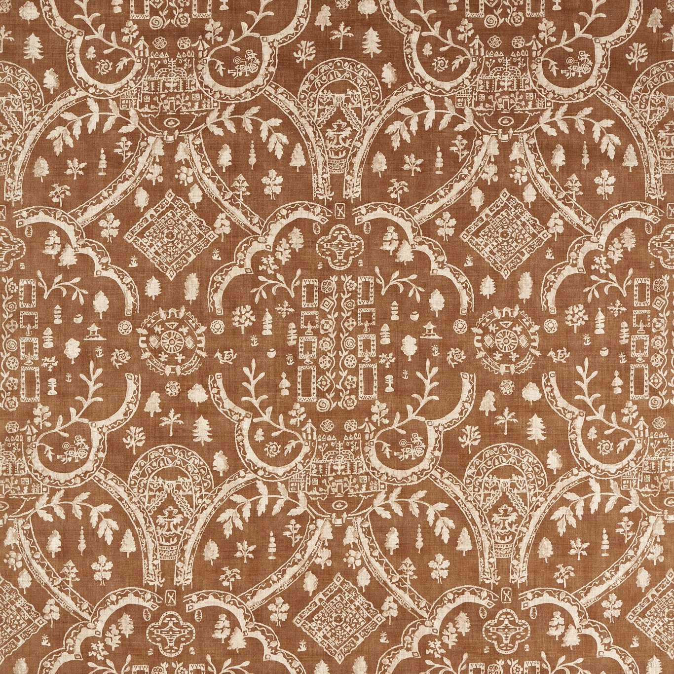 Caramel-brown Sanderson fabric with cream woodland arches and tree motifs