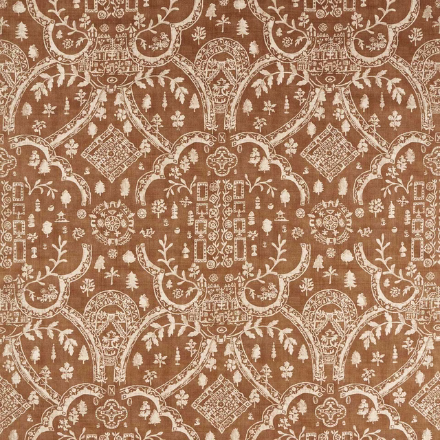 Caramel-brown Sanderson fabric with cream woodland arches and tree motifs