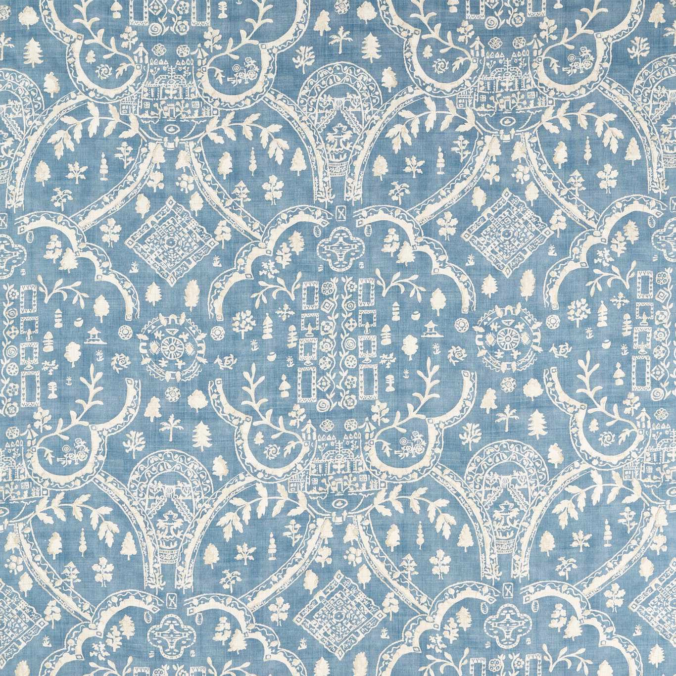Powder blue damask fabric with ivory folk motifs and woven texture