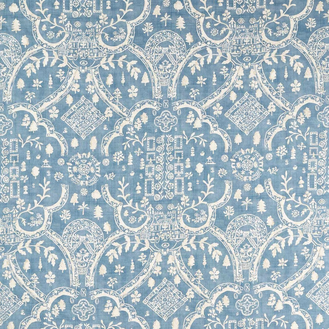 Powder blue damask fabric with ivory folk motifs and woven texture