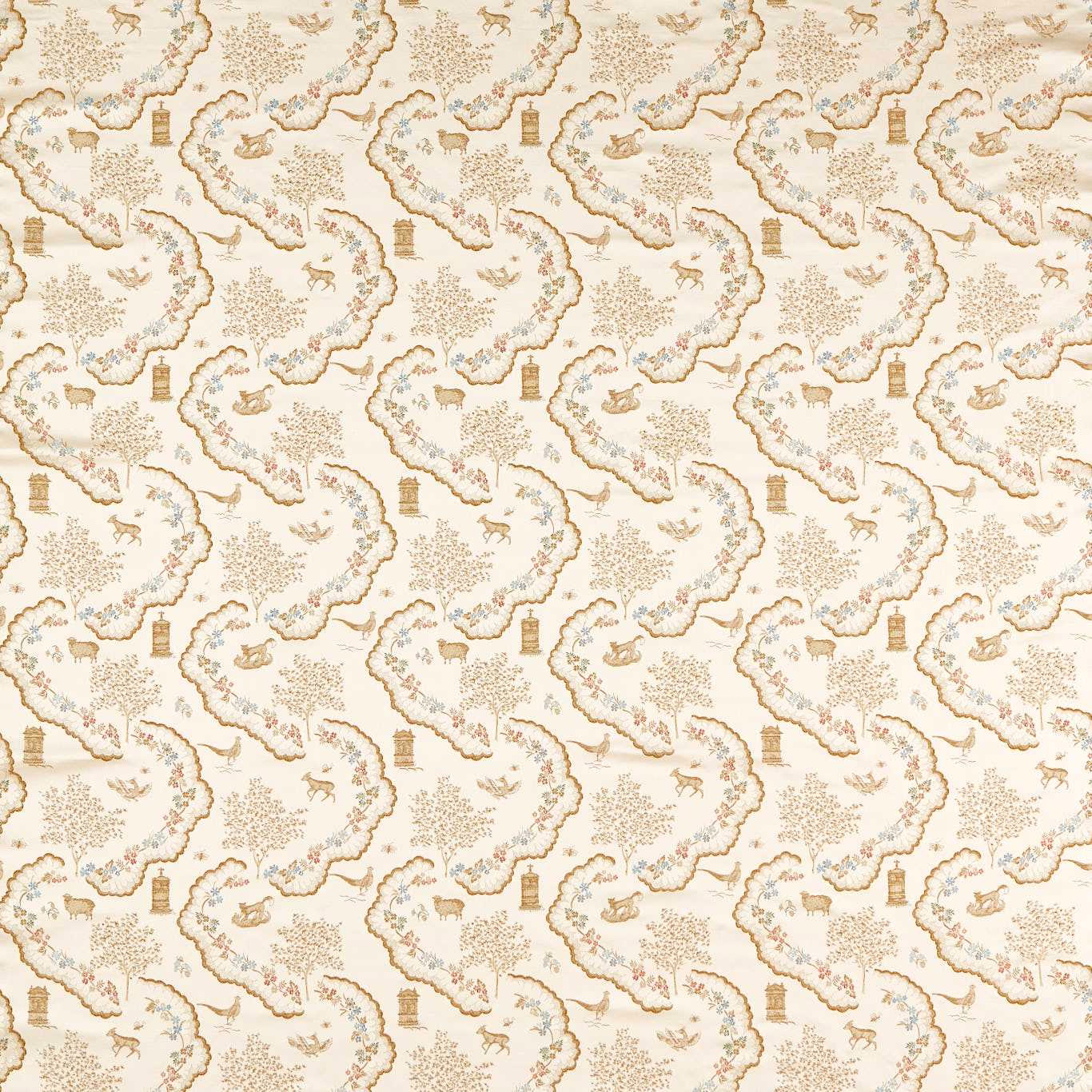 Pearl cream brocade swatch with meadow animals, trees and scrolling borders