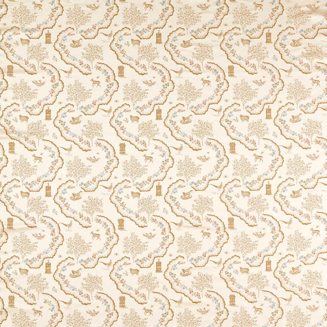 Pearl cream brocade swatch with meadow animals, trees and scrolling borders