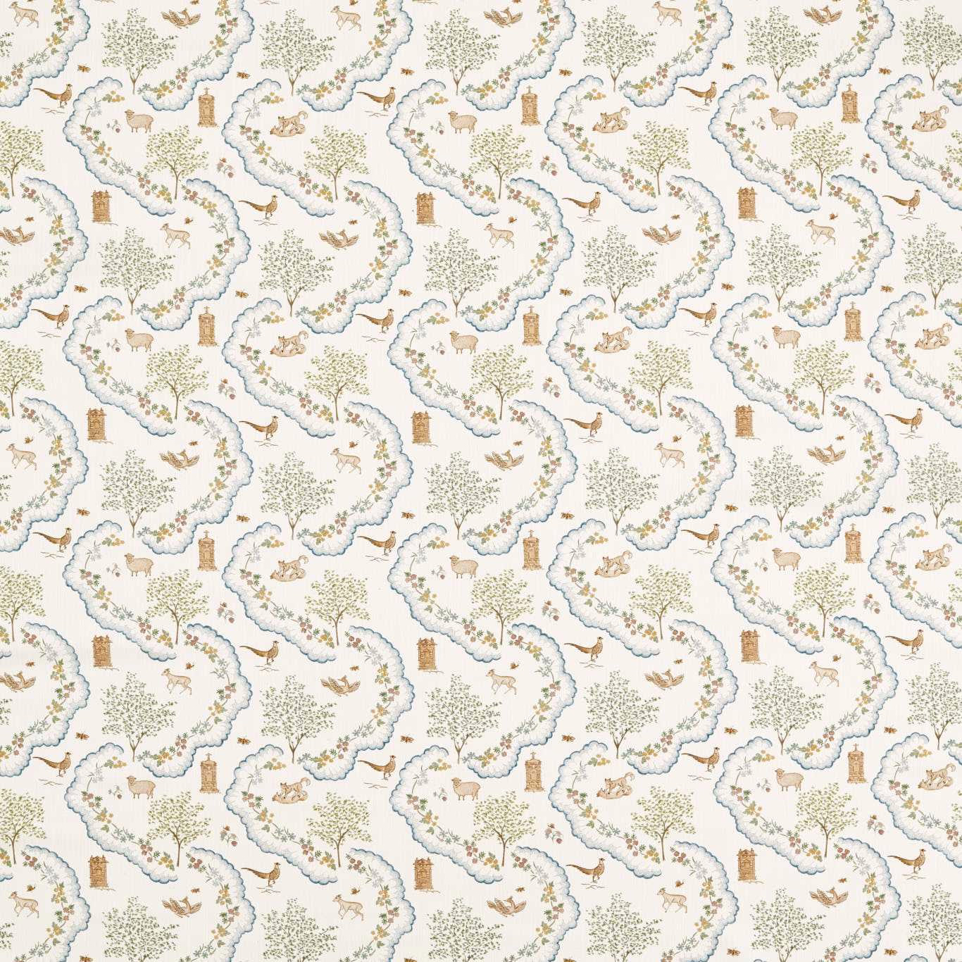 Cream printed fabric with blue-green meandering borders, tiny animals and trees