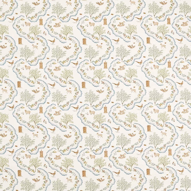 Cream printed fabric with blue-green meandering borders, tiny animals and trees