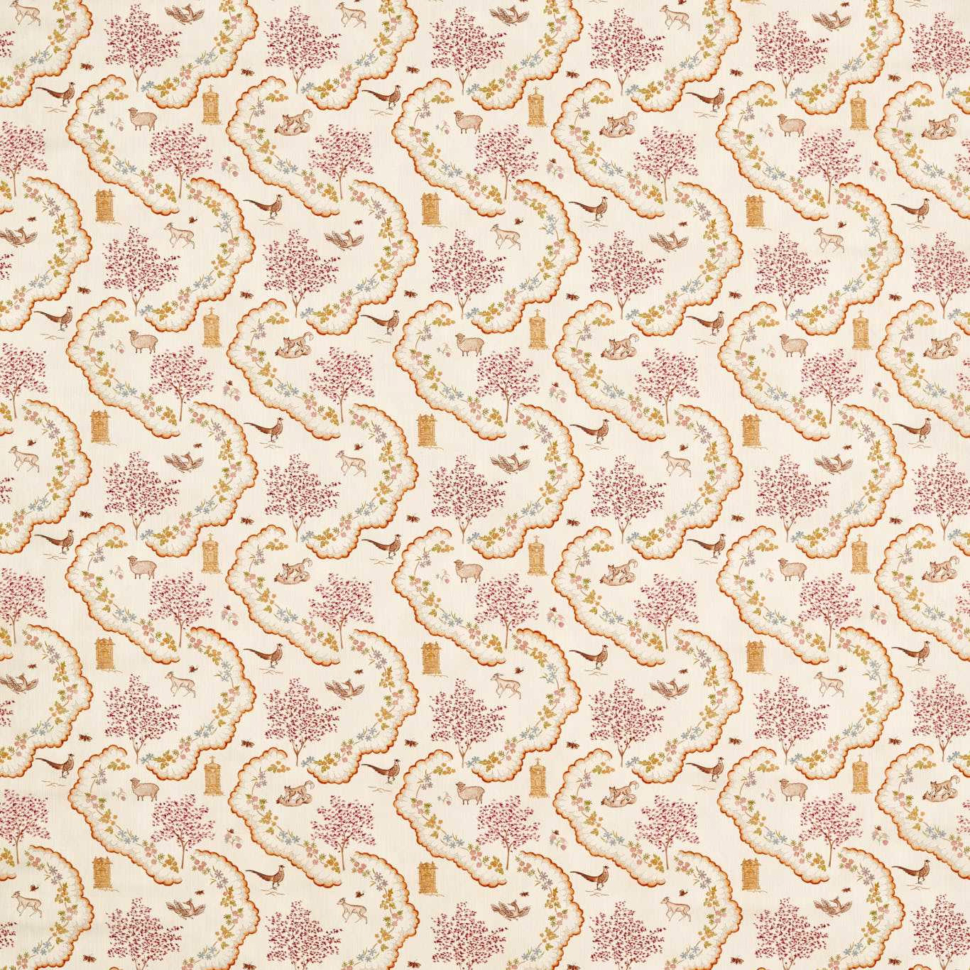 Cream patterned fabric with meadow animals, trees, and scrolling floral borders