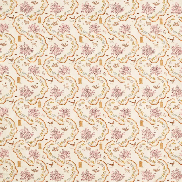 Cream patterned fabric with meadow animals, trees, and scrolling floral borders
