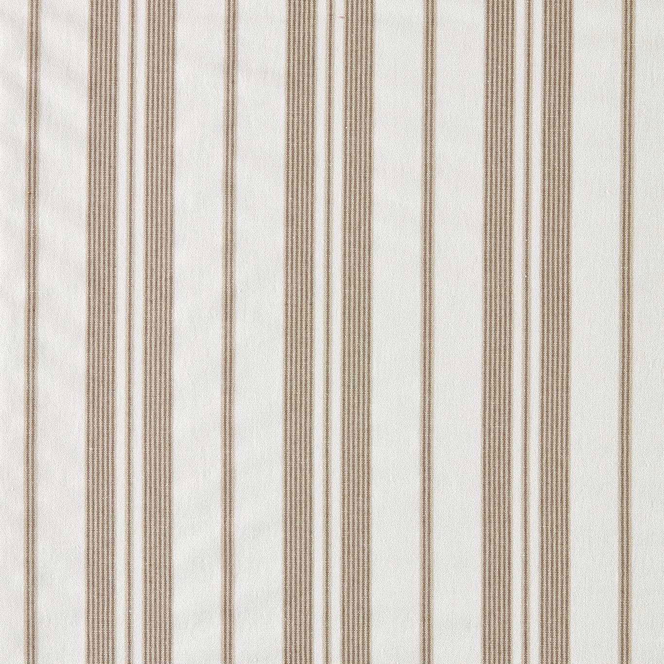 Vertical warm beige pinstripes on a pale ivory woven fabric swatch