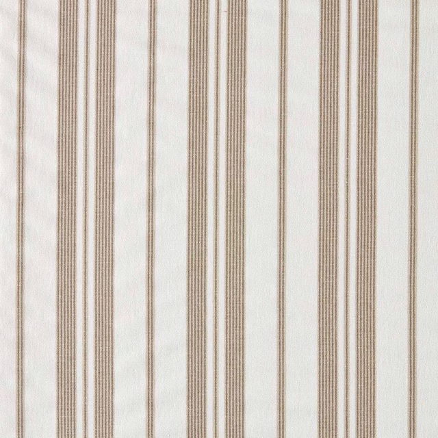 Vertical warm beige pinstripes on a pale ivory woven fabric swatch