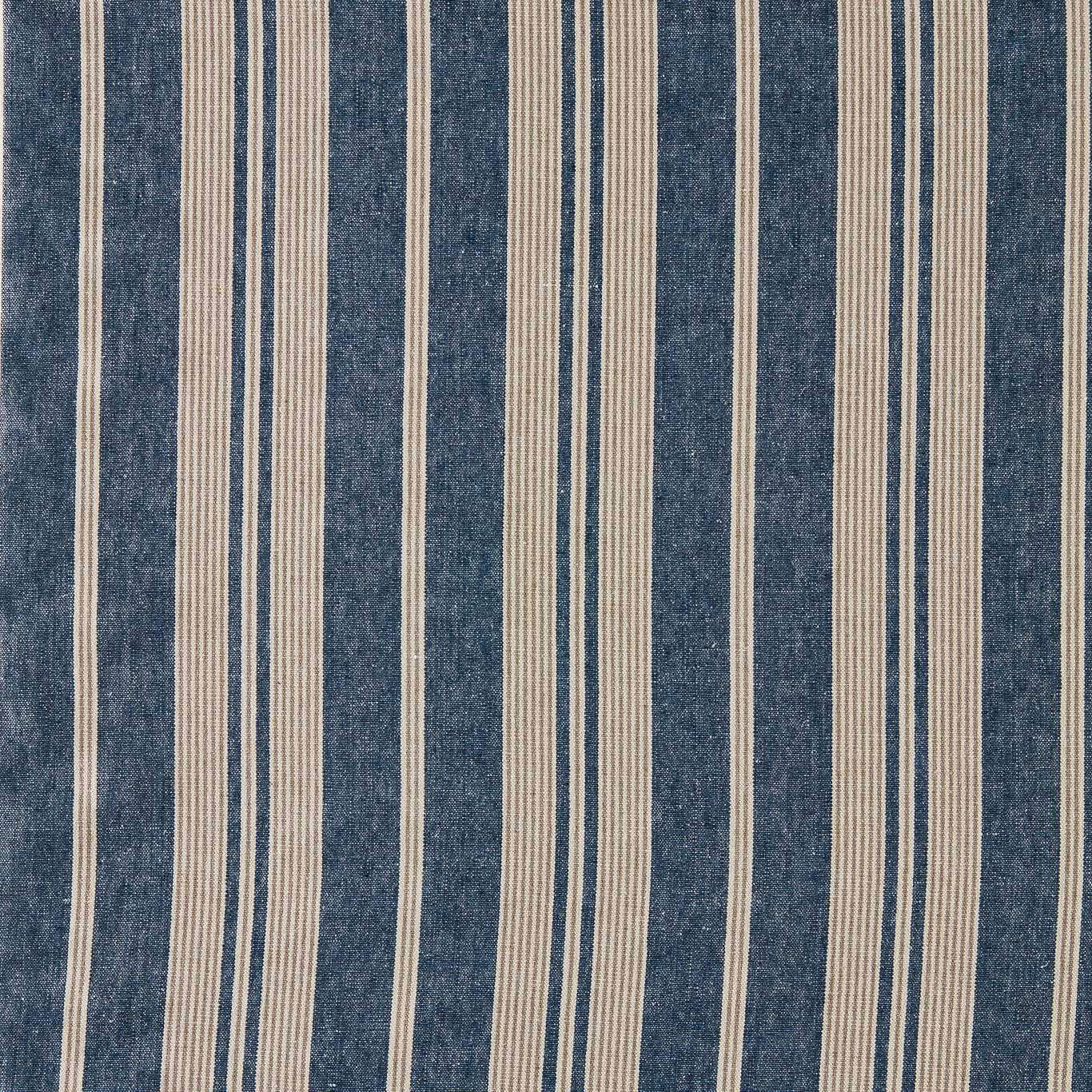 Blue and cream vertical stripe fabric with a dry woven texture