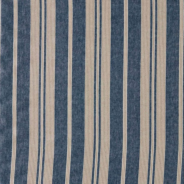 Blue and cream vertical stripe fabric with a dry woven texture