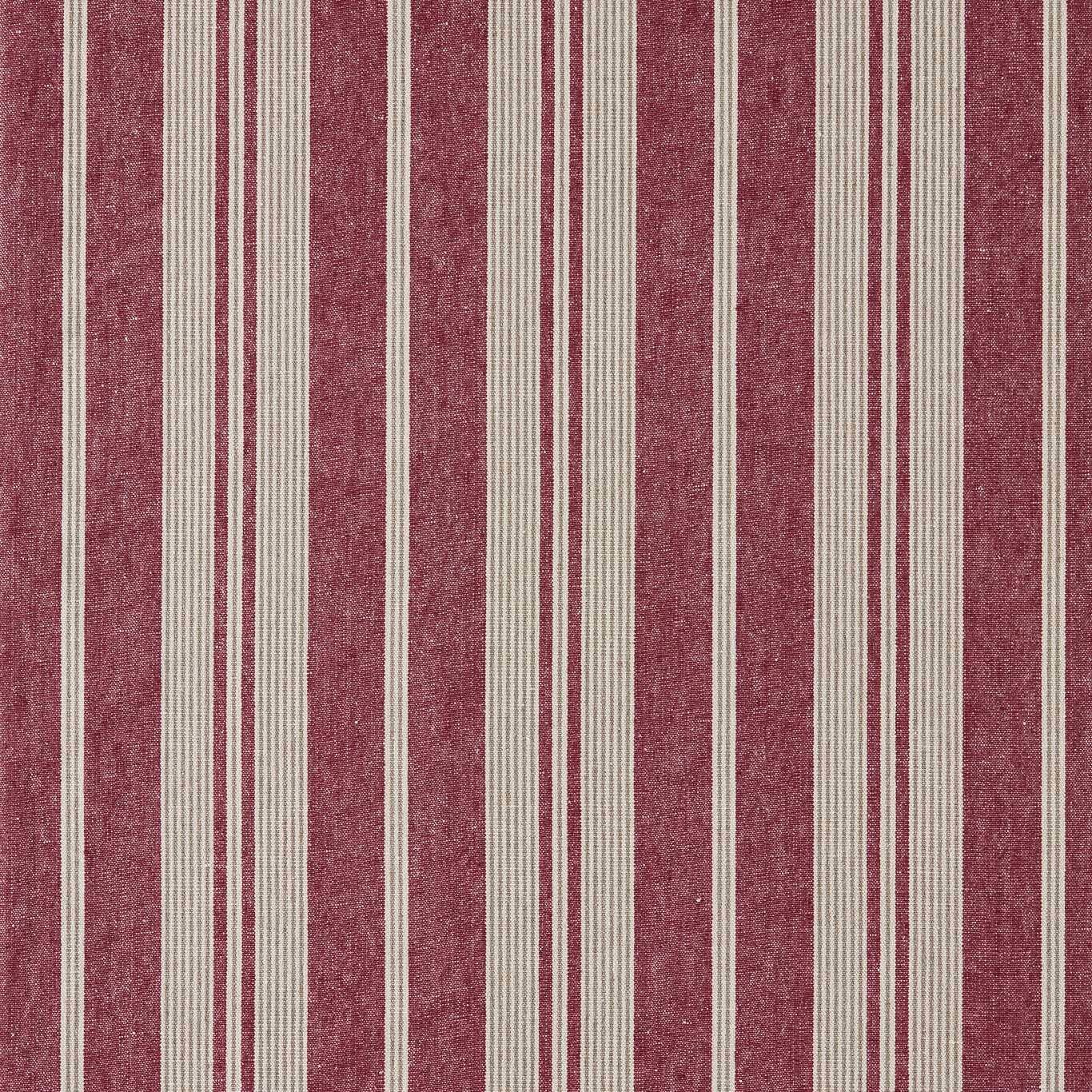 Vertical madder red and cream striped woven fabric with a textured surface