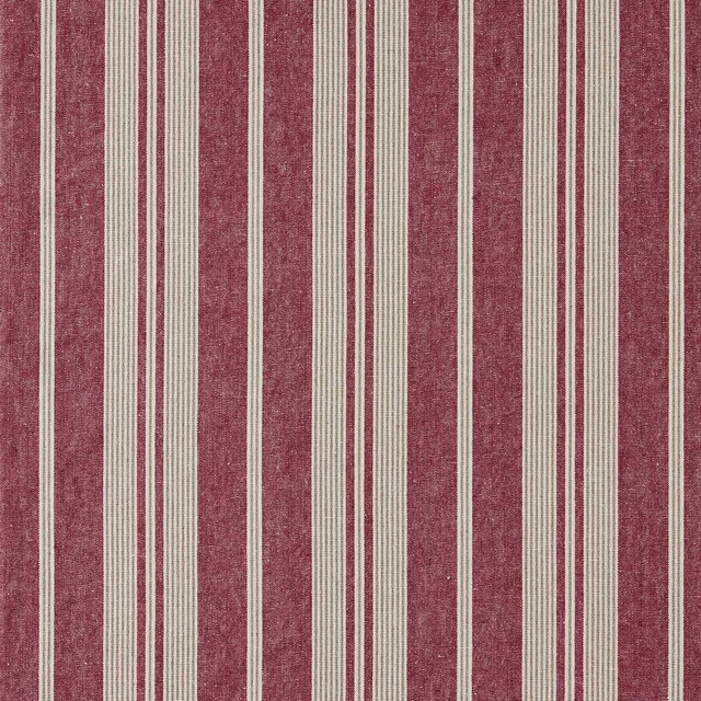 Vertical madder red and cream striped woven fabric with a textured surface